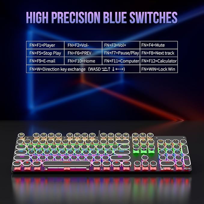 Typewriter Mechanical Gaming Keyboard with RGB Backlit Red Switches, 104 Keys Retro Round Keycap, Wired Typewriter Style Comfortable Typing Soud (L-Black)
