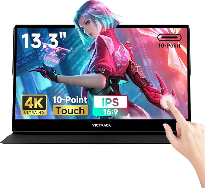 Victrack 4K Touchscreen Pro Gaming Portable Monitor, 13.3" Ultra UHD (3840*2160), for handheld gaming pc, style as ASUS Rog Ally, Lenovo Legion go, 100% RGB IPS Display HDR Travel Monitor Smart Cover