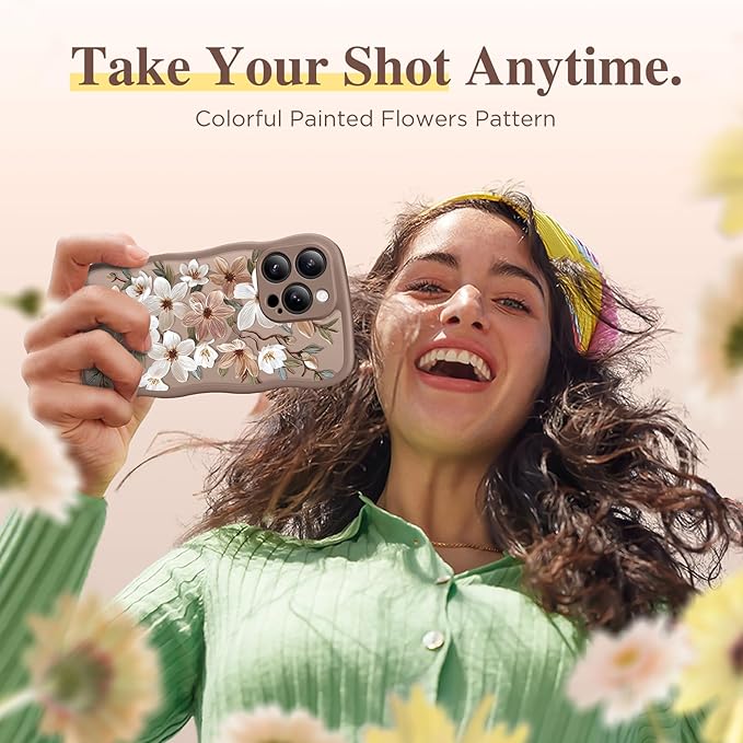 GVIEWIN for iPhone 15 Pro Case Compatible with MagSafe [Curly Wave Edge][Full Camera Protection] Floral Translucent Shockproof Magnetic Women Phone Case for iPhone 15 Pro 6.1'', Dogwood/Brown