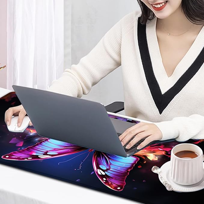 Large Mouse Pad, 31.5 x 11.8in Extended Gaming Mouse Pad with Stitched Edges, XXL Mousepad Protector Non Slip Rubber Base for Office and Home Writing Mat, Colorful Butterflies Pattern Black Desk Mat