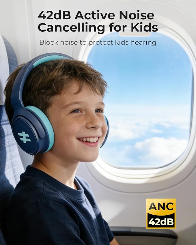 seenda Active Noise Cancelling Headphones for Kids, HEO-303 Bluetooth 5.4 60H Playtime Type C Fast Charging, 74/85/94 dB Safe Volume Limit Headset with Mic for Ipad, Airplane, Travel, Blue