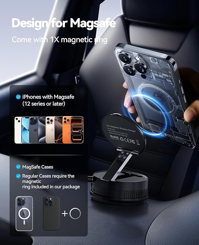 2026 Upgraded 15W MagSafe Car Mount Charger,Magnetic Wireless Car Charger,360° Rotatable Strong Hold Car Phone Mount with Vacuum Suction Cup & Nano Adhesive Base for iPhone 17 16 15 14 13 12,Samsung