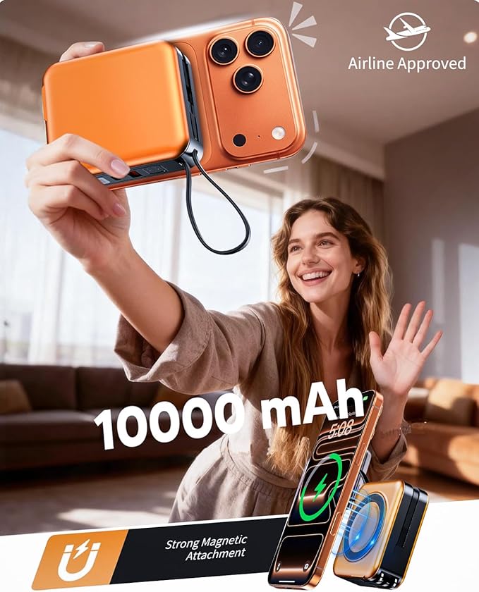for Magsafe Portable Charger with Built-in Cables and AC Wall Plug, 10000mAh Magnetic Wireless Power Bank 22.5W Type-C in & Out Fast Charging Battery Pack for iPhone 17/16/15/14/13/12 Series, Orange