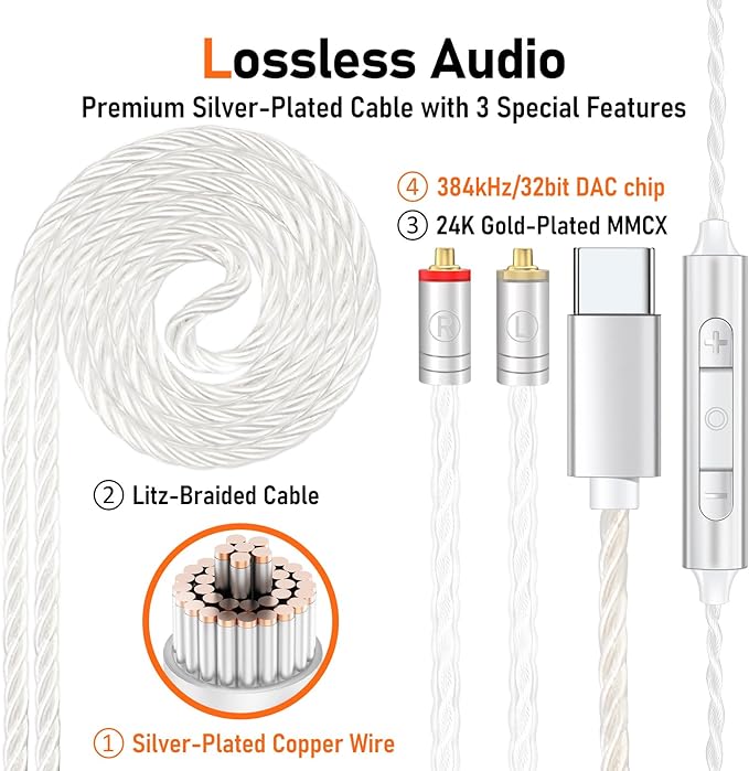 Vibes 202MC USB-C Wired Earbuds - USBC HiFi in Ear Headphones for iPhone 17/16/15 - Noise Isolating Ear Buds w/ Mic - Clear Sound, Deep Bass & Comfort-Fit Earphones - Silver Plated Cord, Carrying Case
