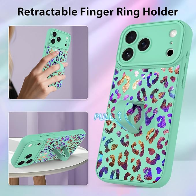 KANGHAR Compatible with iPhone 17 Pro Case, Support for MagSafe, Silicone Cute Iridescent Leopard Cheetah Pattern, Wristband Kickstand Shockproof Protective Slim Cover for Women Girls, Green