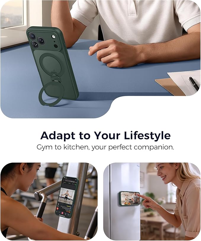 FNTCASE for iPhone 17 Pro-Max Case: [360 Spin Magnetic Stand] [Compatible with Magsafe] [Screen Protector] Translucent Matte Military Grade Shockproof Full Camera Protective Phone Cover - Green