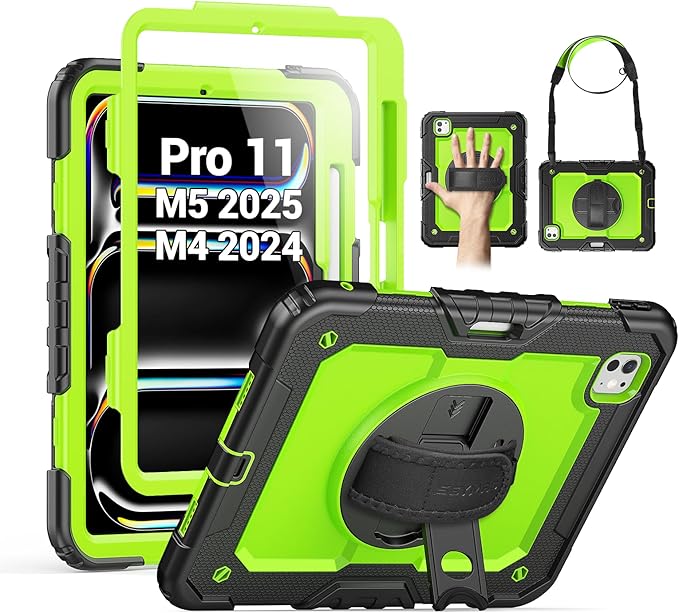 SEYMAC for iPad Pro 11 Inch Case M5 2025 / M4 2024, Heavy Duty Shockproof Protective Case with Screen Protector, 360° Rotating Stand, Hand/Shoulder Strap and Pen Holder, Green