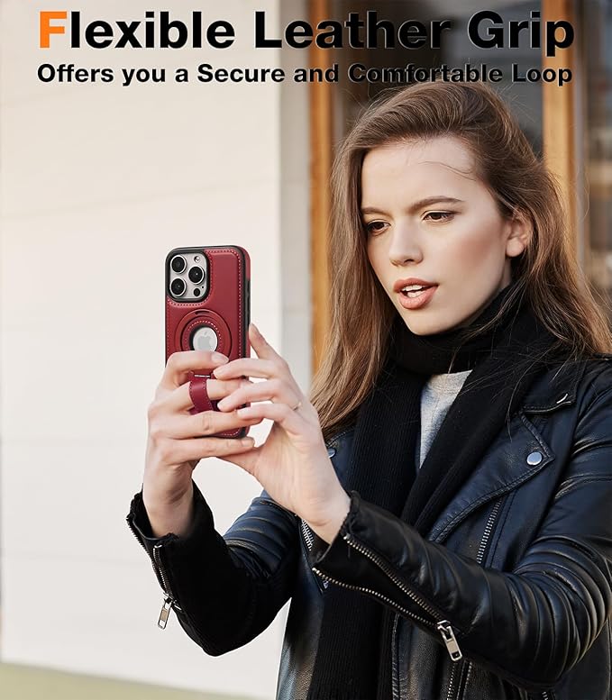 Butaiga for iPhone 14 /iPhone 13 Leather Case with Stand, Anti-Slip Grip Ring, Fits for MagSafe (Burgundy, iPhone 14/13)