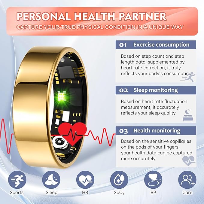Smart Ring Health Tracker for Women Men, Sleep Tracker with Heart Rate,SPO₂,Blood Pressure, Fitness Ring for Activity Monitoring, No Subscription, Step Tracker Ring for iOS&Android (Gold, #7)