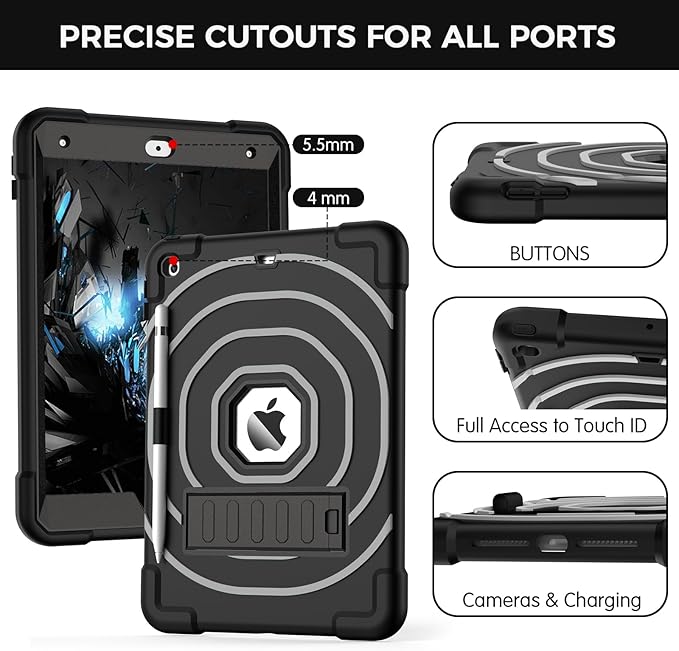 SIBEITU Case for iPad 9th 8th 7th Generation 2021 2020 2019(10.2 inch) with Pencil Holder, Shockproof Heavy Duty Military Grade Protective Cover for iPad 10.2" 9/8/7 Gen with Kickstand (Black +Grey)