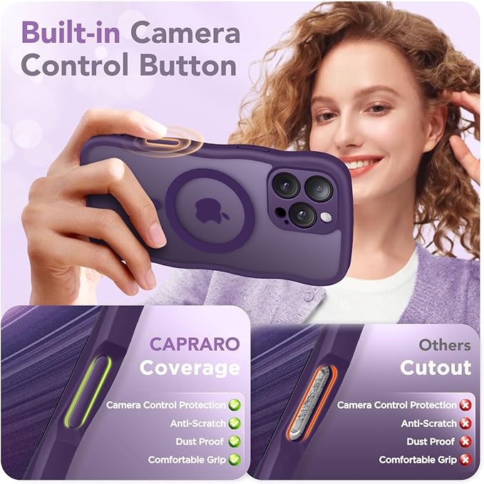 CAPRARO for iPhone 16 Pro Case for Women Girls, Upgraded [Full Camera Protection] [Compatible with MagSafe] Cute Wave Translucent Matte Phone Case for iPhone 16 Pro, Deep Purple