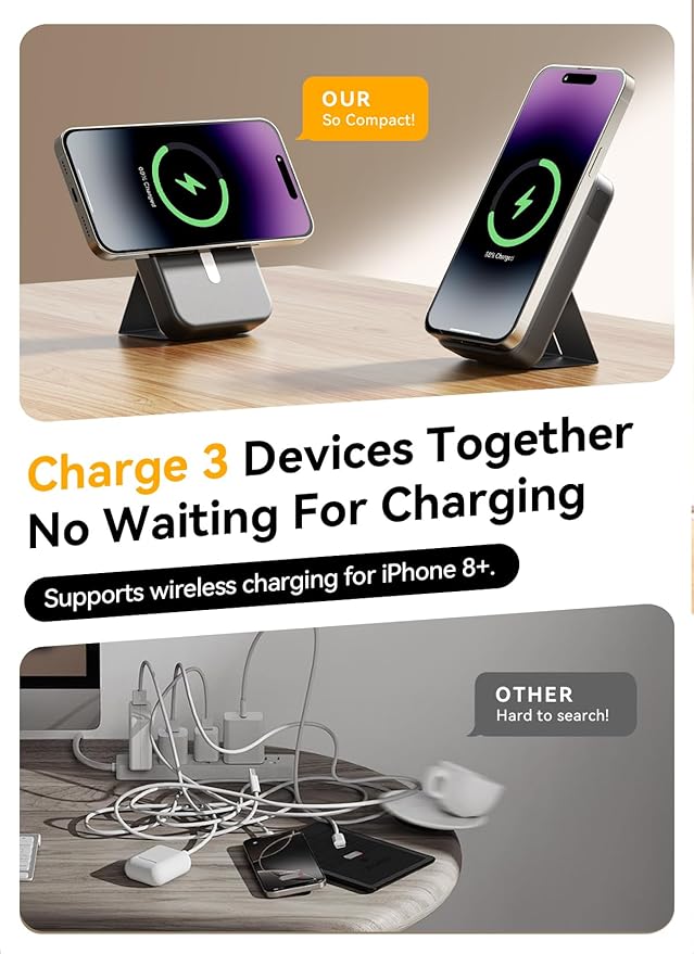 for Magsafe Power Bank, 10000mAh Wireless Portable Charger with Foldable Stand, 20W PD Fast Charging, Travel Essential for Magsafe Battery Pack, Compatible with iPhone 17/16/15/14 Series