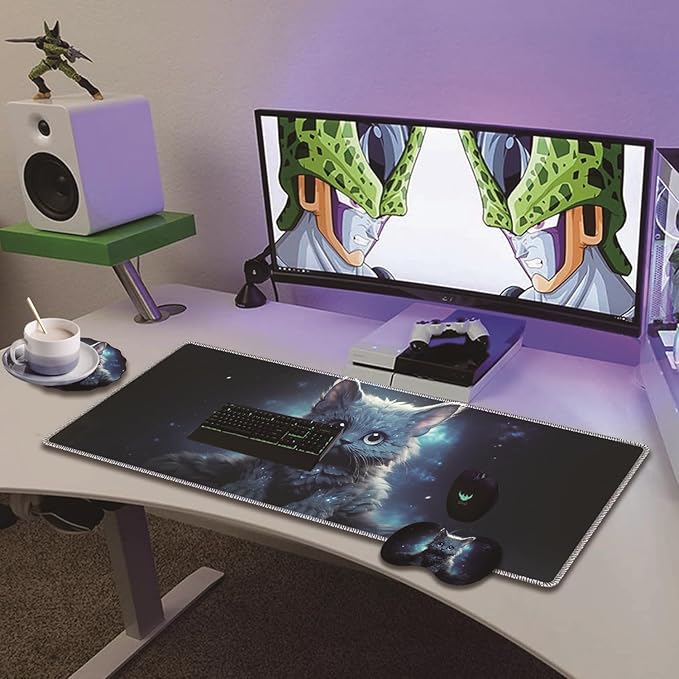Extended Non-Slip Mouse Pad + Mouse Wrist Rest + Lace-Shaped Coaster Set, Ergonomic Design, Suitable for Desk and Home Gaming Table Mat, Galaxy Cat