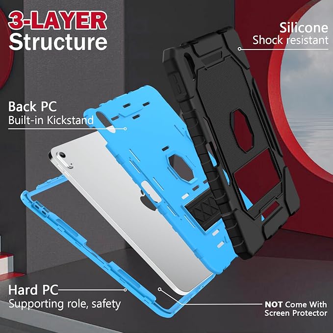 ZoneFoker Case for iPad (A16) 11th/10th Generation 11/10.9 inch 2025/2022, Heavy Duty Military Grade Shockproof Rugged Cover with Pencil Holder/Stand for i Pad 11th / 10 th Gen (Black+SkyBlue)