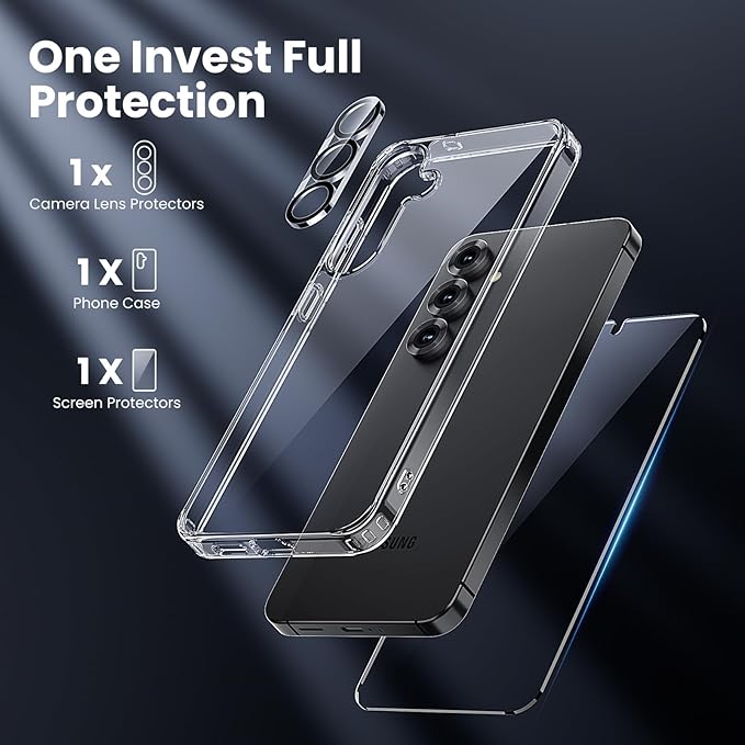 Anti-Yellowing for Samsung Galaxy S25 Plus Crystal Clear Case with Screen Protector*1 Camera Lens Protector*1, [12FT Mil-Grade Protection], Cover for Samsung Galaxy S25 Plus 6.7 inch, Clear