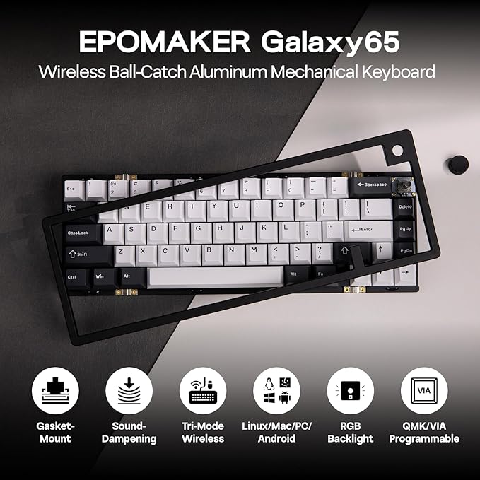 EPOMAKER Galaxy65 Wireless QMK/VIA Mechanical Keyboard, Ball-Catch Anodized Aluminum Custom Keyboard, Pre-Lubed Hot-Swappable Switch, RGB Backlit, Rotary Knob, 2.4Ghz/BT/Type-C (Black)