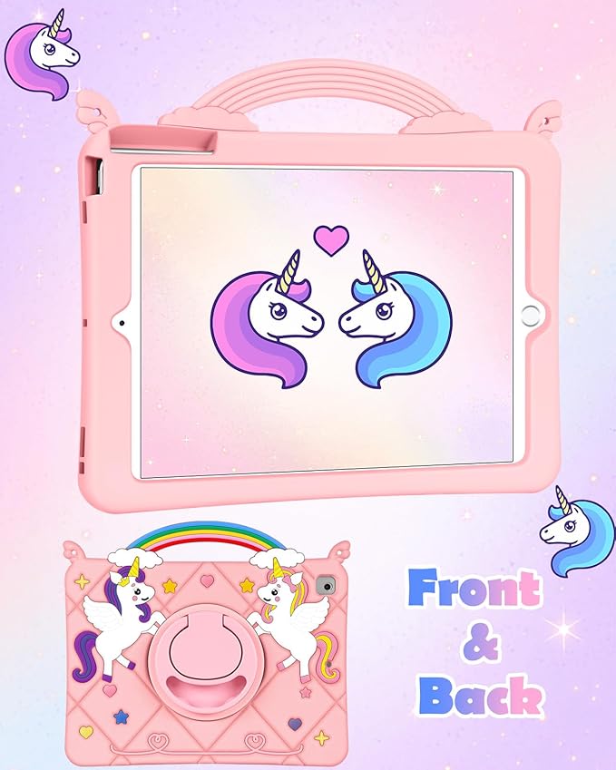 Uppuppy for iPad 5th/6th Generation Case 9.7 Inch - Air 1st/2nd Cute Girls Kawaii Girly 3D Cartoon Teen Case with Rotating Stand & Strap Soft Silicone PK Unicorn Cover for iPad Pro 9.7 Inch Funda