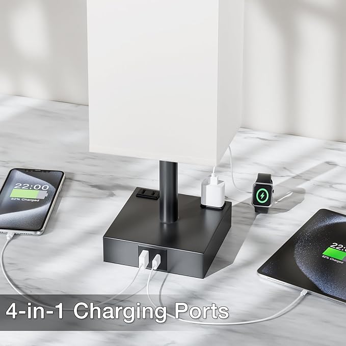 Touch Bedside Table Lamp For Nightstand - 3-Way Dimmable Night Lamp with USB A + Type C Charging Ports and two AC Outlets, Small Desk Light with E26 LED Bulb for Bedroom Living Room ,WHITE BLACK