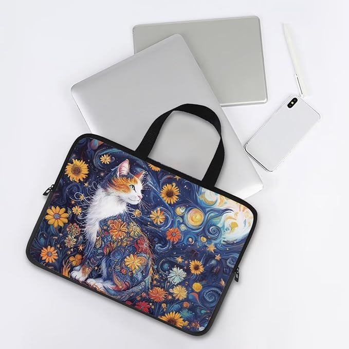 Starry Night Laptop Sleeve 13 Inch Laptop Protective Case Cute Cat Floral Computer Sleeve Neoprene Protective for 10-17 Inch Computer, Notebook, Chromebook, Tablet Bag
