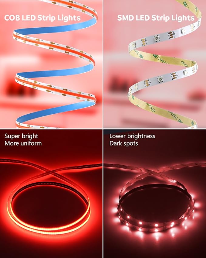Aclorol Led COB Light Strip 16.4ft Red Flexible COB Strip Lights 12V for Bedroom Tape Lighting 1600Leds/5M for TV Cabinet Closet Other DIY Lighting(Power Supply&LED Dimmer Not Included)