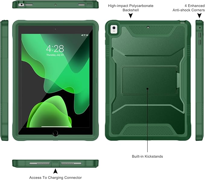 Soke Case for iPad 6th/5th Generation 9.7 Inch 2018/2017,with Built-in Screen Protector and Kickstand, Rugged Full-Body Heavy Duty Protective Cover for Apple iPad Air 2 /Pro 9.7 - Alpine Green