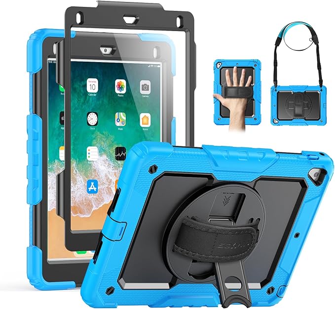 SEYMAC Case for iPad 6th/5th Generation 9.7 Inch, Full-Body Shockproof Heavy Duty Protective Case with Screen Protector, Rotating Stand/Hand/Shoulder Strap for iPad Air 2/ Pro 9.7, Light Blue
