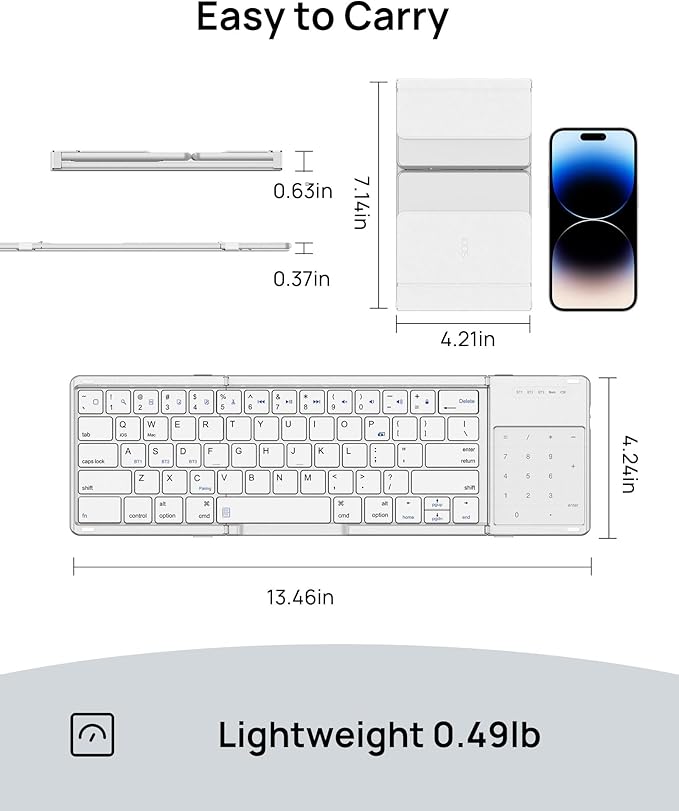 SODI Foldable Keyboard with Touchpad, Portable Wireless Keyboard for Mac with Stand Holder and PU Leather Cover, Rechargeable Pocket Folding Key Board for iPad, iPhone, Mac iOS Tablets & Laptop
