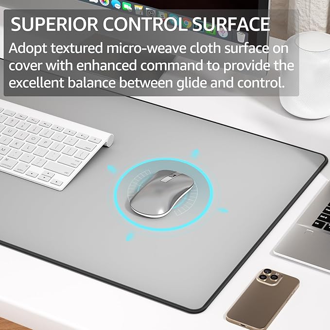KTRIO Large Gaming Mouse Pad Desk Mat, Superior Micro-Weave Cloth, Non-Slip Rubber Base, Stitched Edges, Water-Resistant, for Gamer, Office & Home, 31.5 x 15.7 Inch，Silver Grey