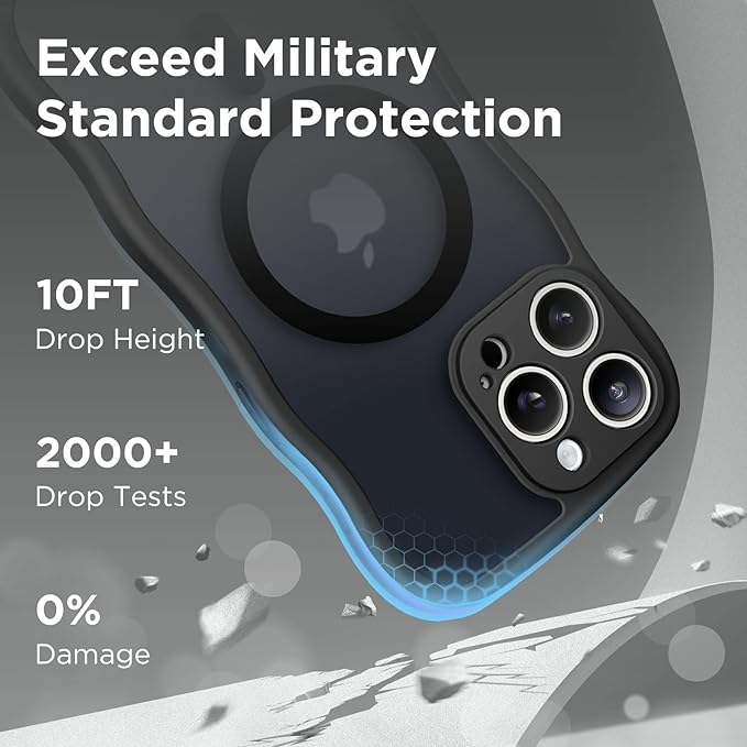 CAPRARO Cute for iPhone 15 Pro Max Case, Compatible with MagSafe, [Curly Wave Edge] [Full Camera Protection] [14 FT Drop Protection] Magnetic Phone Case for 15 Pro Max 6.7 Inch, Black