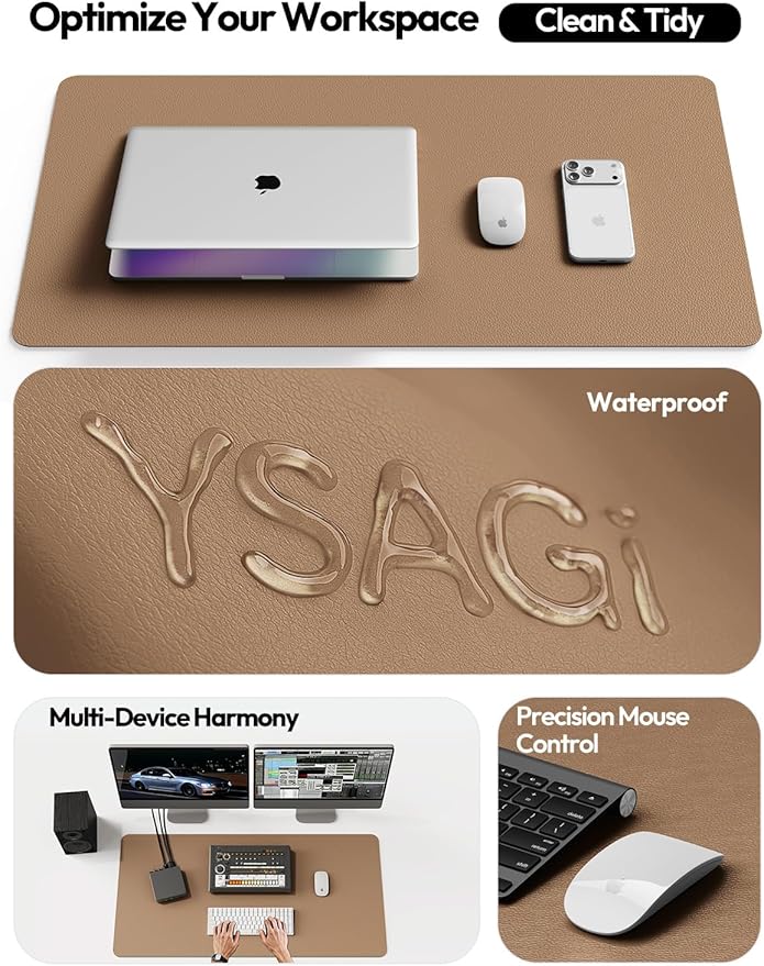 YSAGi Leather Desk Protector, Office Mat, Large Mouse Mat, Non-Slip PU Leather Blotter, Laptop Desk Mat, Waterproof Writing Pad for Office and Home (Khaki, 31.5" x 15.8")