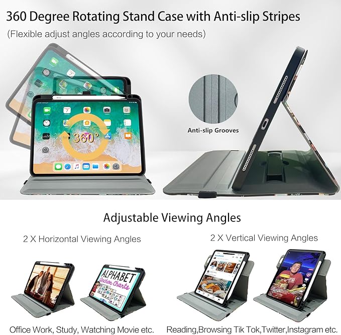 Rotating iPad Air 11-inch Case M4/M3/M2, Case for iPad Air 5th/4th Generation 10.9 Inch, 360 Swivel Multi-Angle Adjustable Stand Pencil Holder/Pocket/Hand Strap for iPad Pro 11-inch case Bookshelf Cat