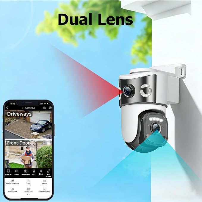 Dual Lens Security Cameras Wireless Outdoor, Solar-Powered Home Security Camera with 6MP Color Night Vision, 2-Way Audio, PIR Motion Alarm, 5GHz/2.4Hz WiFi, Spotlight Siren, Waterproof