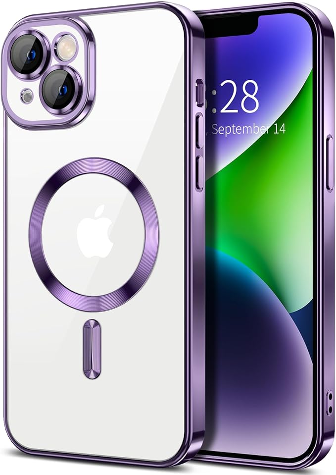 Hython Magnetic Clear for iPhone 14 Case with Camera Lens Protector [Compatible with MagSafe] Luxury Plating Edge Slim Soft TPU Cover Protective Phone Case for iPhone 14 6.1", Deep Purple