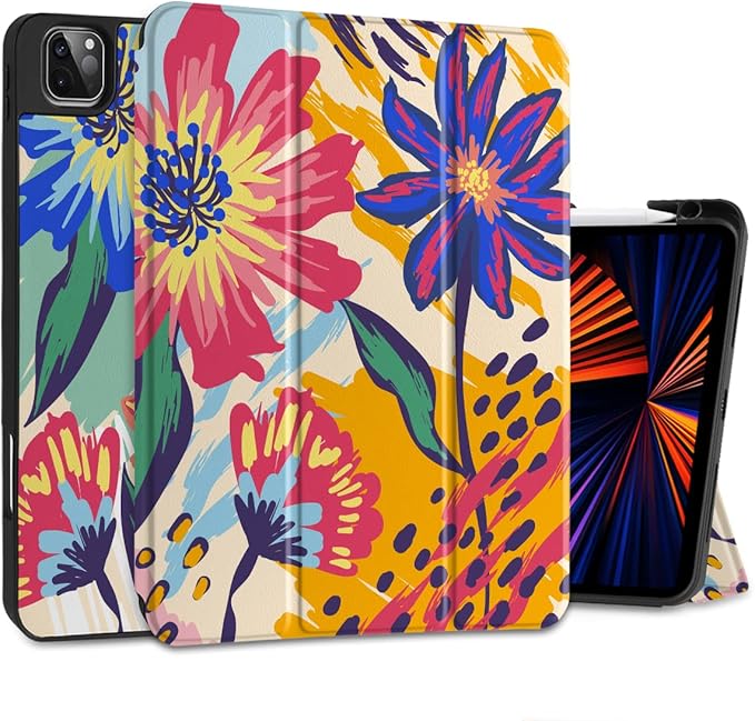 MEEgoodo for iPad Pro M2 12.9 Case 6th/5th/4th/3rd Generation 2022 2021 2020 2018 with Pencil Holder, Tablet Cover with Soft TPU Back Shell, Art Painted Flowers