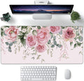 XXL Mouse Pad, Pink Peony Flowers Eucalyptus Green Leaves Large Desk Mat for Desktop, Extended Large Gaming Mouse Pad Mouse Mat with Non-Slip Rubber Base Stitched Edges for Home Office 35.4"X15.7"