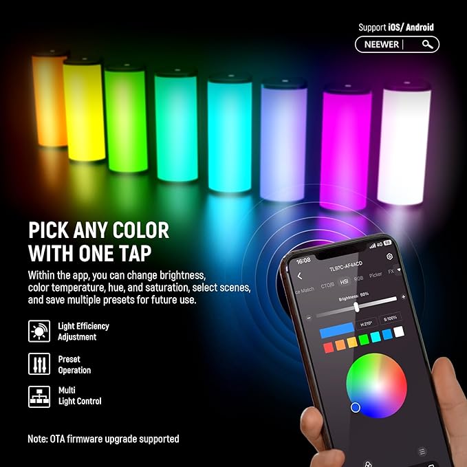 NEEWER Magnetic Handheld Light Wand with APP Control, 360° Full RGB Mini LED Video Light Stick with 2500mAh Battery, 2500K~8500K Dimmable CRI 97 with 17 Light Scenes for Photography Vlog TikTok, TL97C