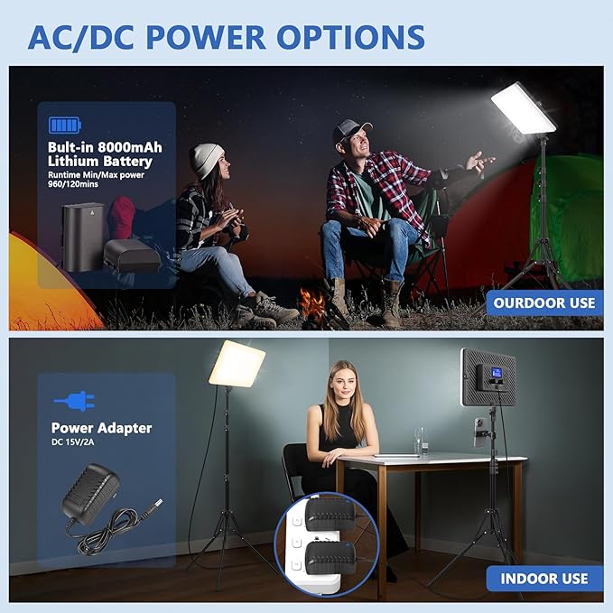 Led Video Light Panel Lighting Kit, QEUOOIY 2-Pack Bi-Color Photography Lighting with 63'' Tripods Stand, Built-in 8000mAh Battery, 2500-8500K Studio Light for Live Streaming/Outdoor Indoor/Tiktok
