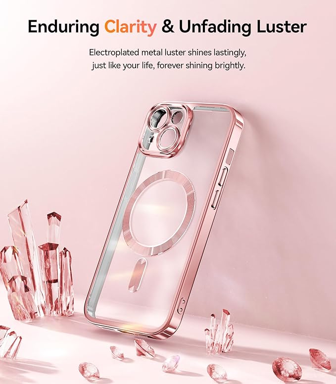Meifigno for iPhone 15 Case 6.1", [Glitter Card & Wrist Strap] [Compatible with MagSafe] [2X Screen Protectors] Surround Raised Camera Lens Protection for iPhone 15 Case, Rose Gold