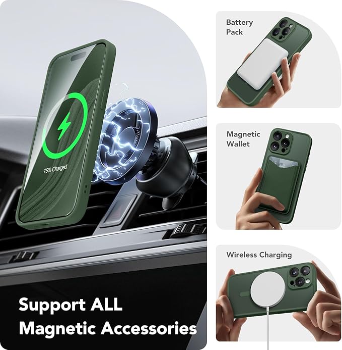 CAPRARO Magnetic for iPhone 14 Pro Case, [Compatible with MagSafe] [Full Camera Protection] Shockproof Protective Slim Translucent Matte Phone Case for iPhone 14 Pro 6.1'', Deep Green