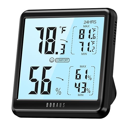 DOQAUS Room Thermometer Hygrometer, Digital Indoor Thermometer with Backlight, Large Screen Temperature Monitor Humidity Meter for Home, Bedroom, Baby Room, Office, Greenhouse (Black)