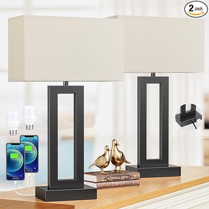 Seealle 22" Tall Living Room Lamps for Night Stands - Touch Bedside Lamp with USB C+A, 3 Way Dimmable Bedroom Lamps for End Tables Set of 2, Modern Night Stand Lamps for Bed Side(Beige&Black)