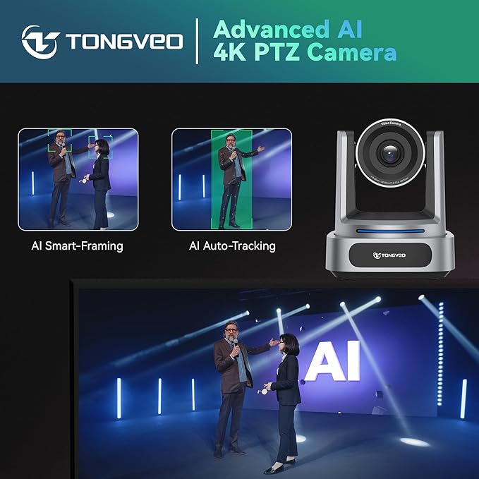 TONGVEO 4K AI PTZ Camera with 10X Optical Zoom & Bluetooth Conference Speakerphone, Auto Tracking Video Conferencing System with 360° Voice Pickup, HDMI USB Webcam for Church, Zoom, Teams