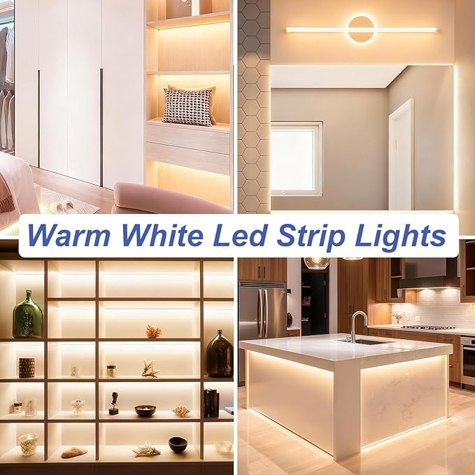 Warm White LED Strip Lights, 32.8ft Dimmable Bright Rope 3000K LED Light Strip, White 12V 600 LEDs Flexible Tape Lights for Bedroom, Mirror, Kitchen Decoration