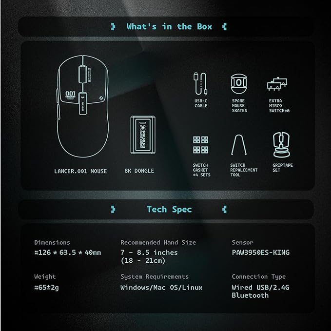 Lancer.001 PRO 8K Wireless Gaming Mouse, 65g Lightweight, Hot-Swappable Switches, PAW3950 Sensor with 32,000 DPI