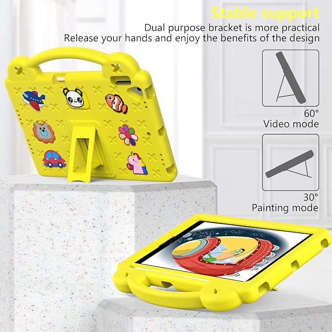Dteck for iPad 9th/8th/7th Generation 10.2" Kids Case,Cartoon Panda Shockproof Rugged Lightweight Convertible Handles Stand Kid Friendly Case with Pencil Holder for iPad 10.2 2021/2020/2019,Yellow