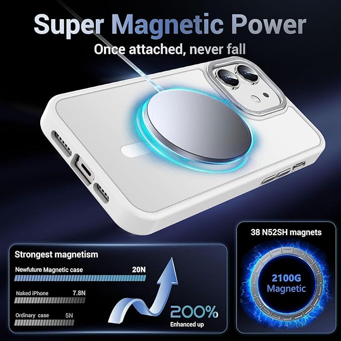 Newfuture Designed for iPhone 12 Case/iPhone 12 Pro Case with Magnetic [13 FT Military Drop Protection] [Compatible with Magsafe] Translucent Shockproof with Anti-Fingerprint Phone Case, Frosted White
