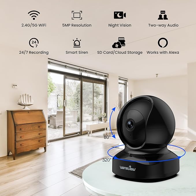 wansview Security Camera, IP Camera, WiFi Home Indoor Camera for Baby/Pet/Nanny, 2 Way Audio Night Vision, Compatible with Alexa, with TF Card Slot and Cloud, Q5 (Black, 5MP)