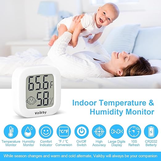 Vaikby Indoor Thermometer 2Pack, Humidity Gauge Meter Digital Hygrometer Room Thermometer for Home, Hight Accurate Temperature and Humidity Monitor for Greenhouse, Reptile, Humidors, Cellar, Office
