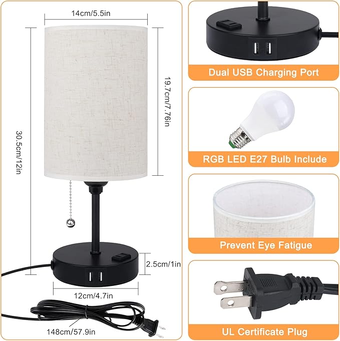 Lamps for Bedrooms Nightstand Bedside Lamp with 2 USB Port and Outlet, 3-Way Dimmable Table Lamps, Color Changing Night Stand Light Lamp RGB LED Bulb
