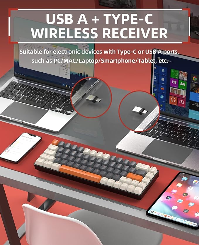 ZIYOU LANG RK68 60% Wireless Mechanical Keyboard, Bluetooth 5.0/2.4Ghz Dual Mode 2-in-1 USB-C Receiver Mini Mechanical Keyboard, Hot Swappable Red Switch Gaming Keyboard for PC/MAC/Laptops